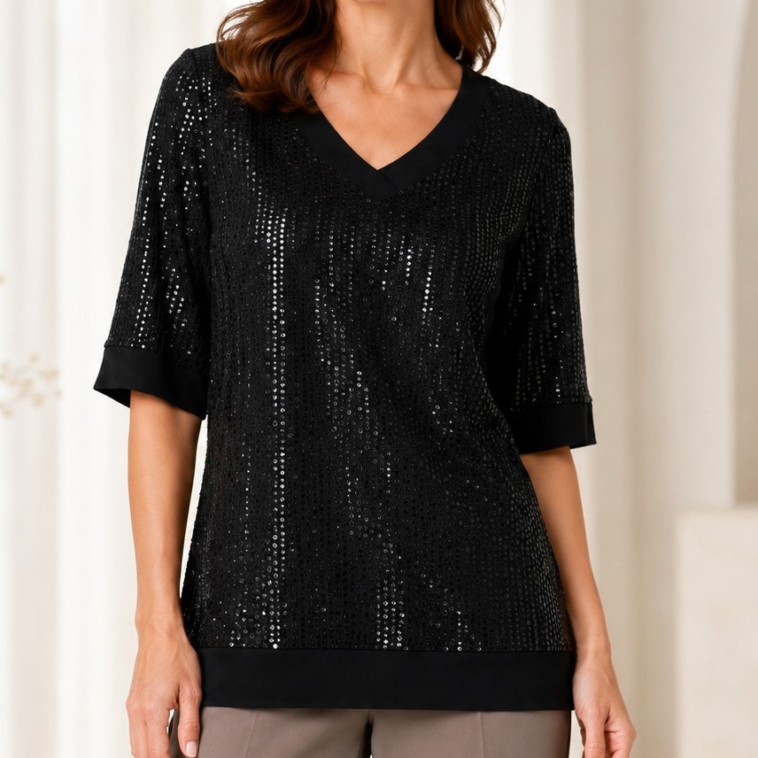 Clara Sun Woo Black Shimmer Circles Tunic Small 3/4 Flare Sleeve Party Event